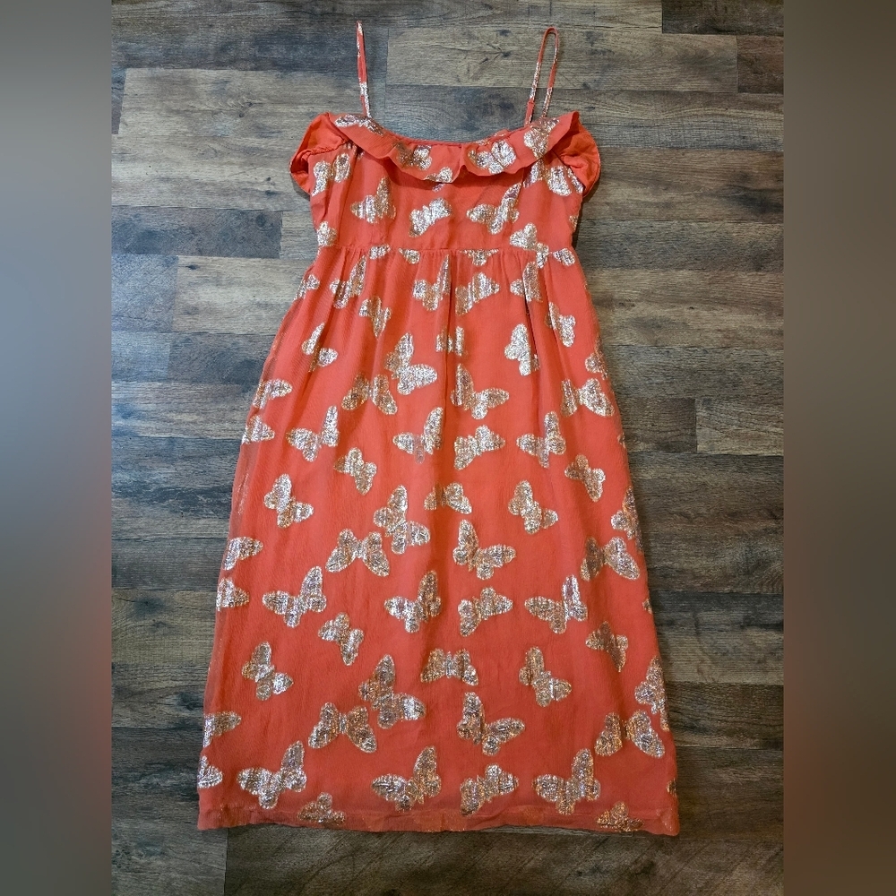 Juicy Coture Women's 100% Silk Cayman Butterfly Coral Pink Gold Midi Dress 14